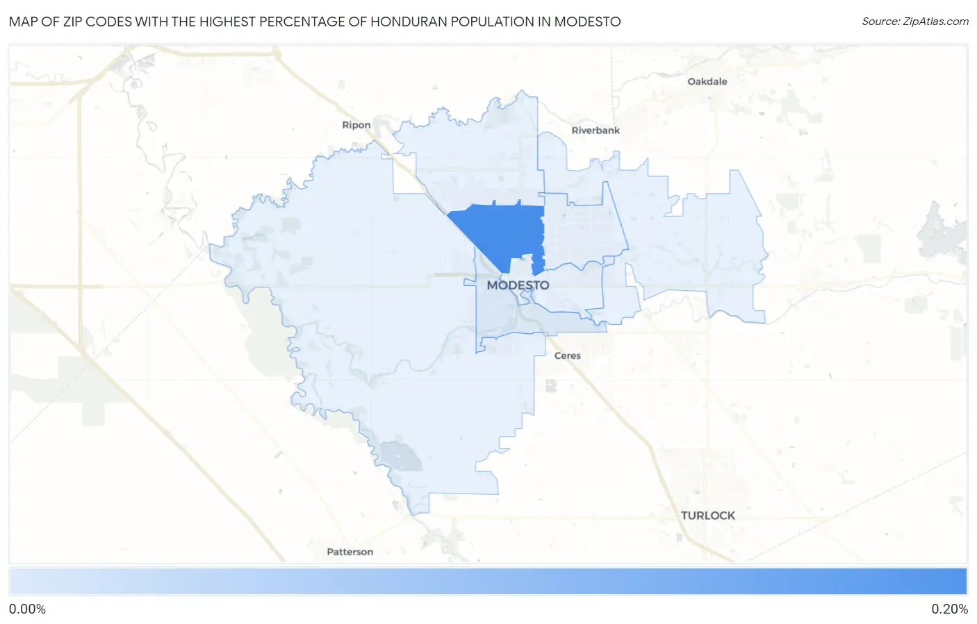 Zip Codes with the Highest Percentage of Honduran Population in Modesto Map