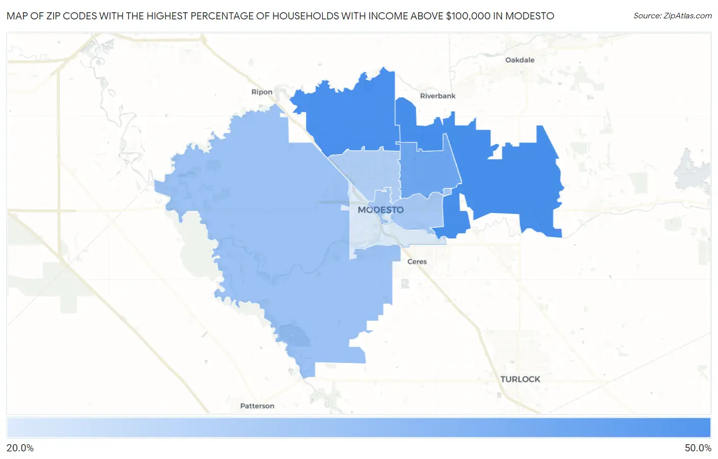 Zip Codes with the Highest Percentage of Households with Income Above $100,000 in Modesto Map