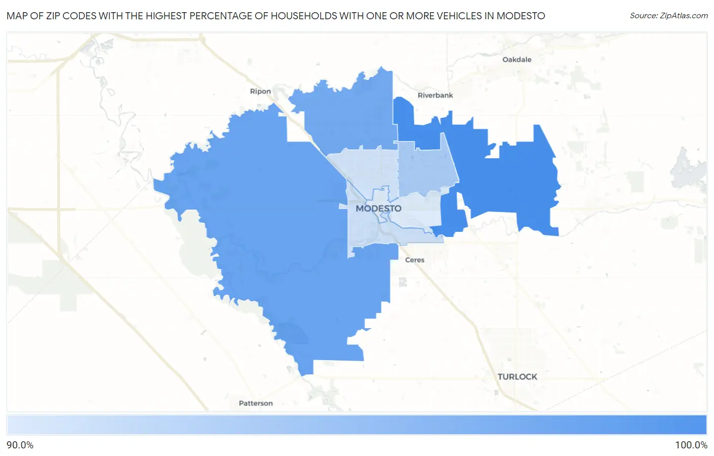 Zip Codes with the Highest Percentage of Households With One or more Vehicles in Modesto Map