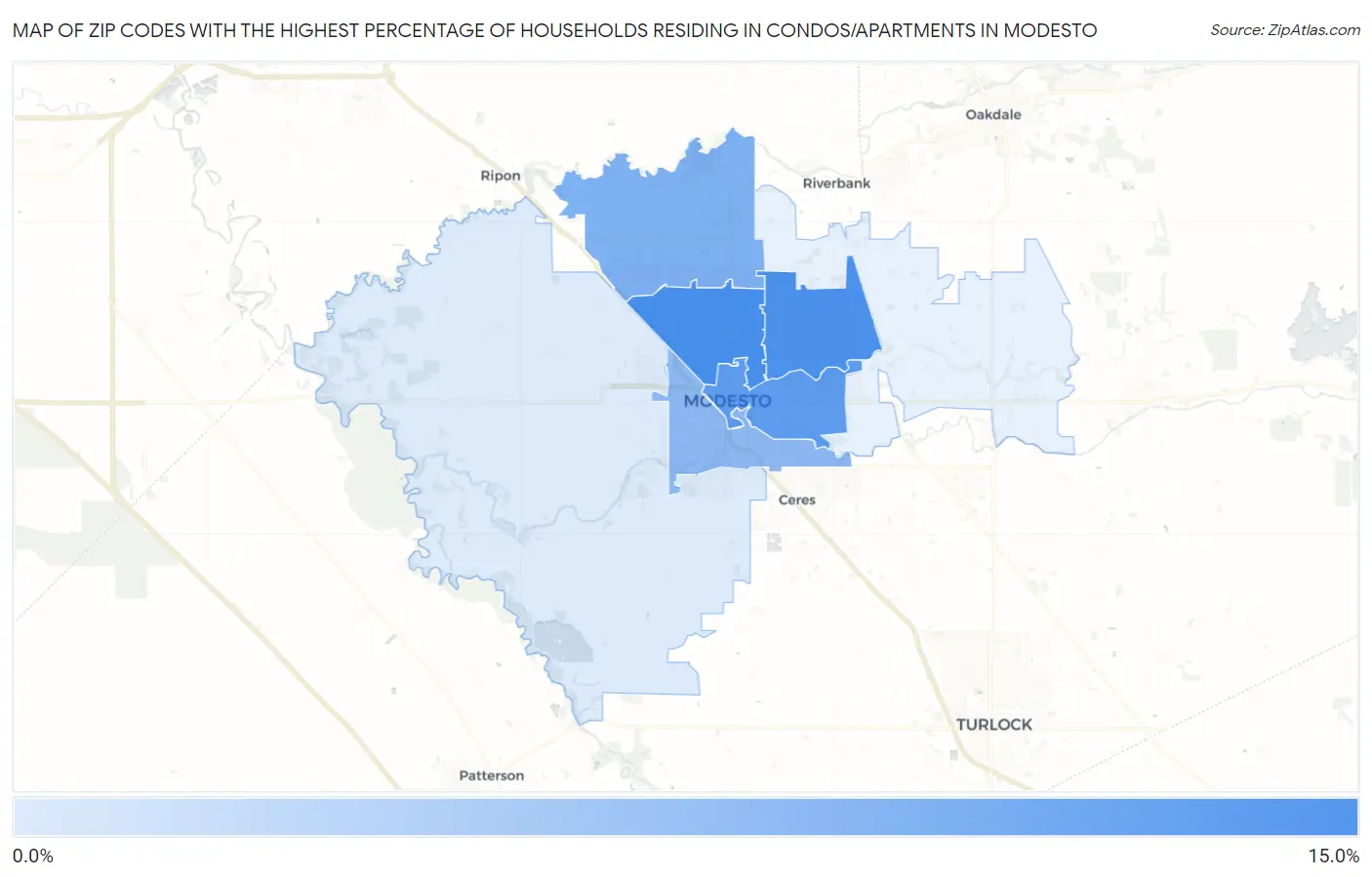 Zip Codes with the Highest Percentage of Households Residing in Condos/Apartments in Modesto Map