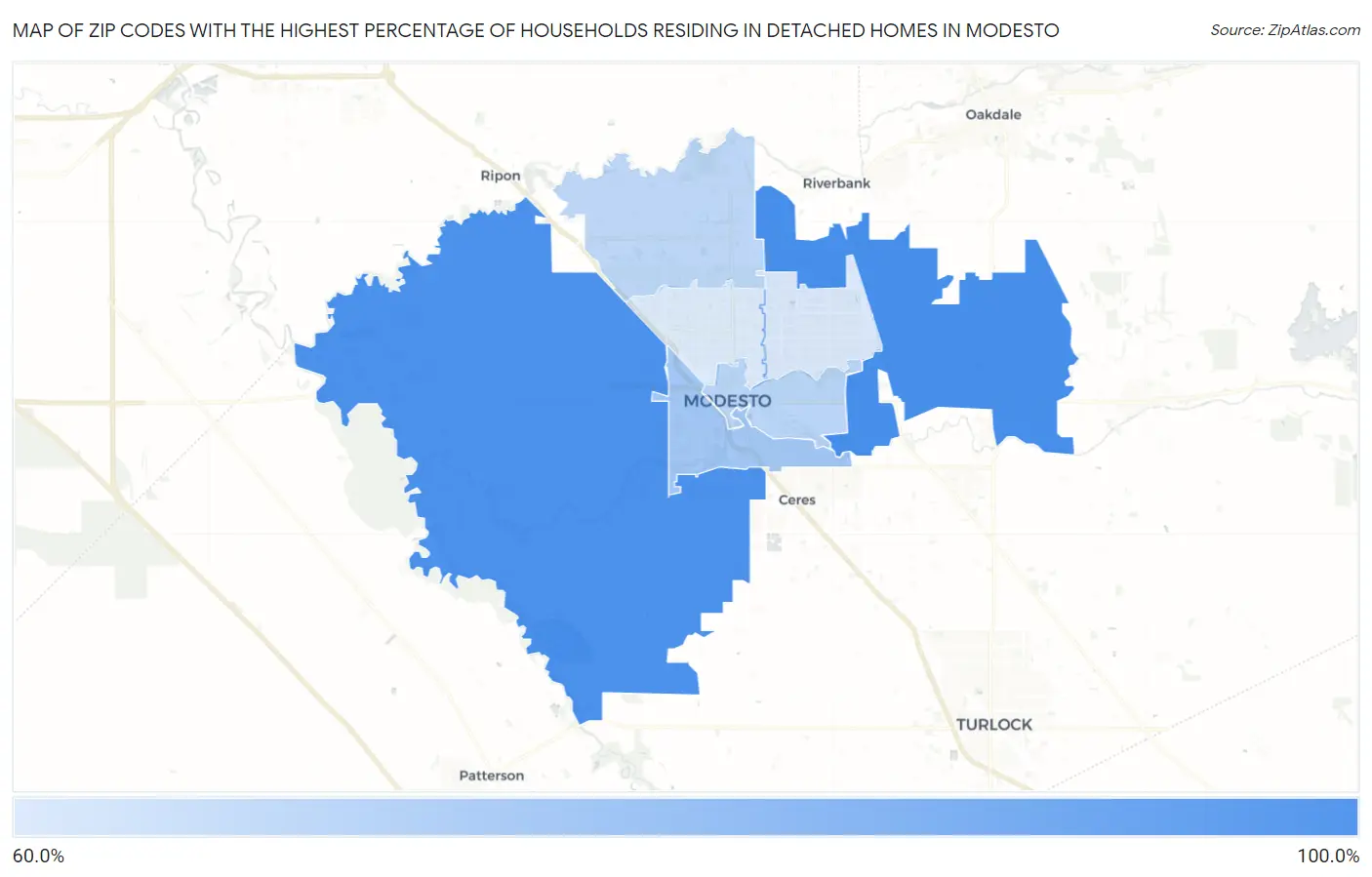 Zip Codes with the Highest Percentage of Households Residing in Detached Homes in Modesto Map