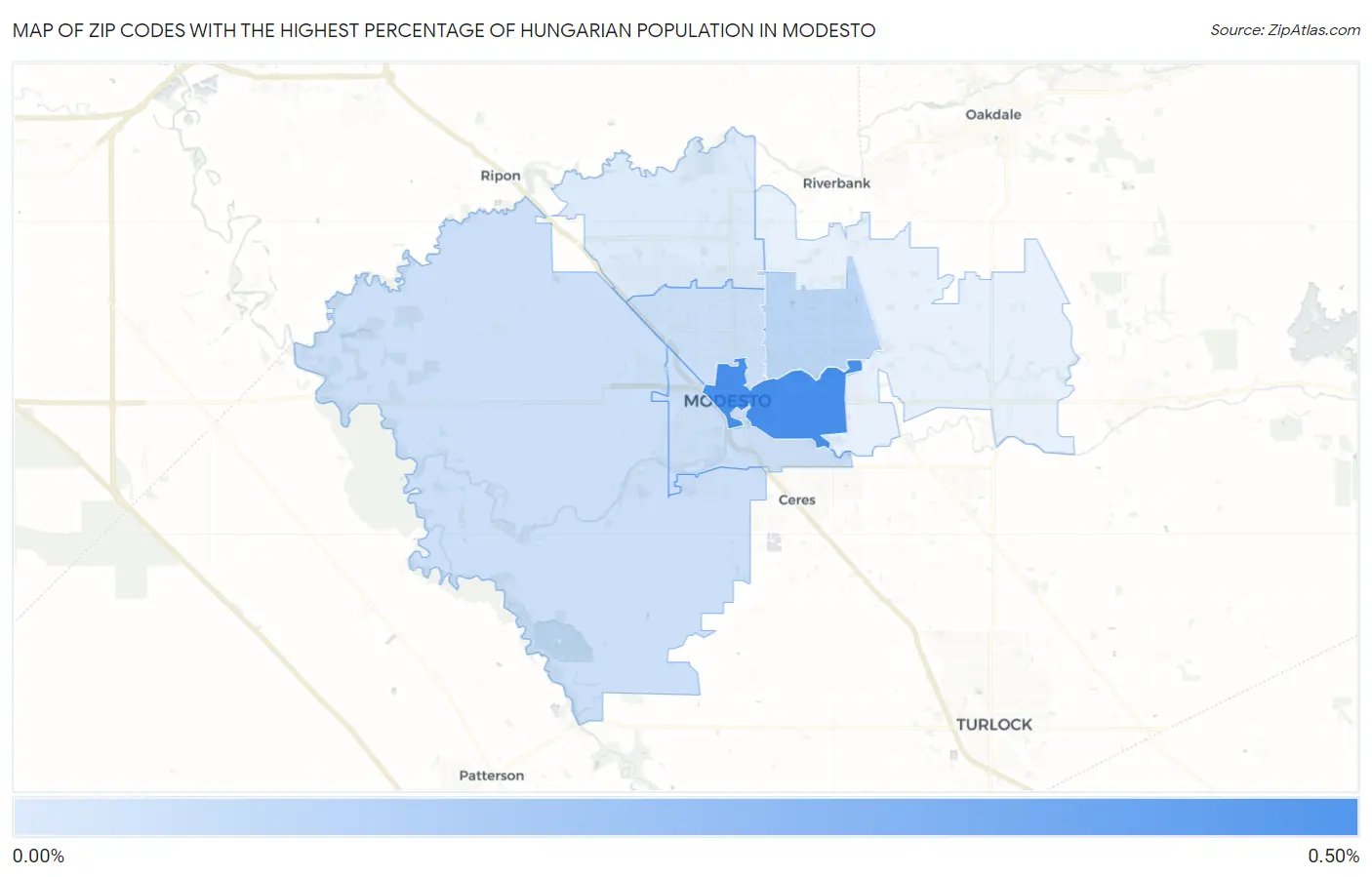 Zip Codes with the Highest Percentage of Hungarian Population in Modesto Map