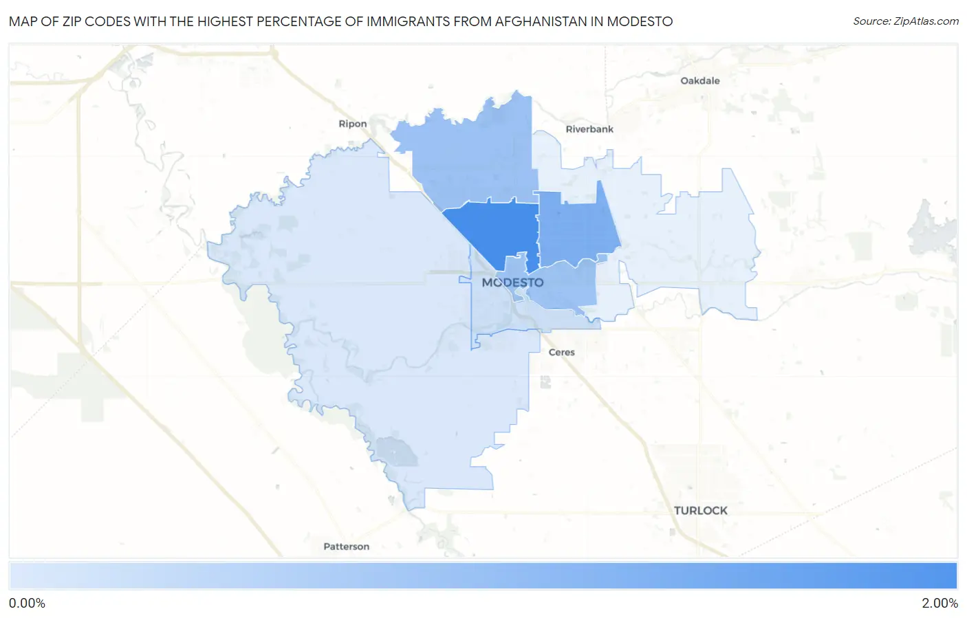 Zip Codes with the Highest Percentage of Immigrants from Afghanistan in Modesto Map