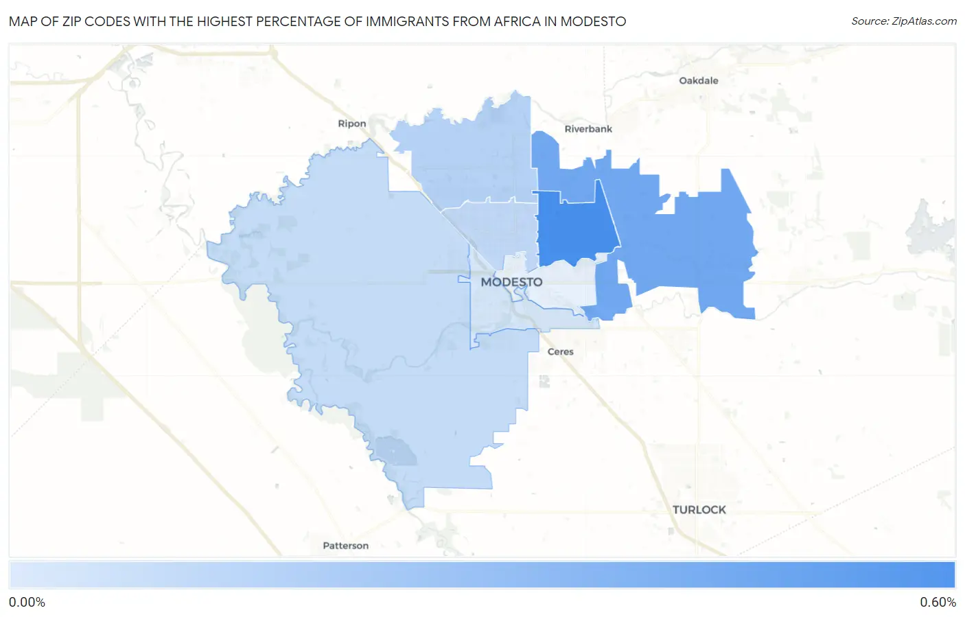 Zip Codes with the Highest Percentage of Immigrants from Africa in Modesto Map