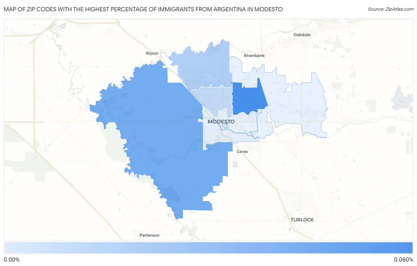Zip Codes with the Highest Percentage of Immigrants from Argentina in Modesto Map