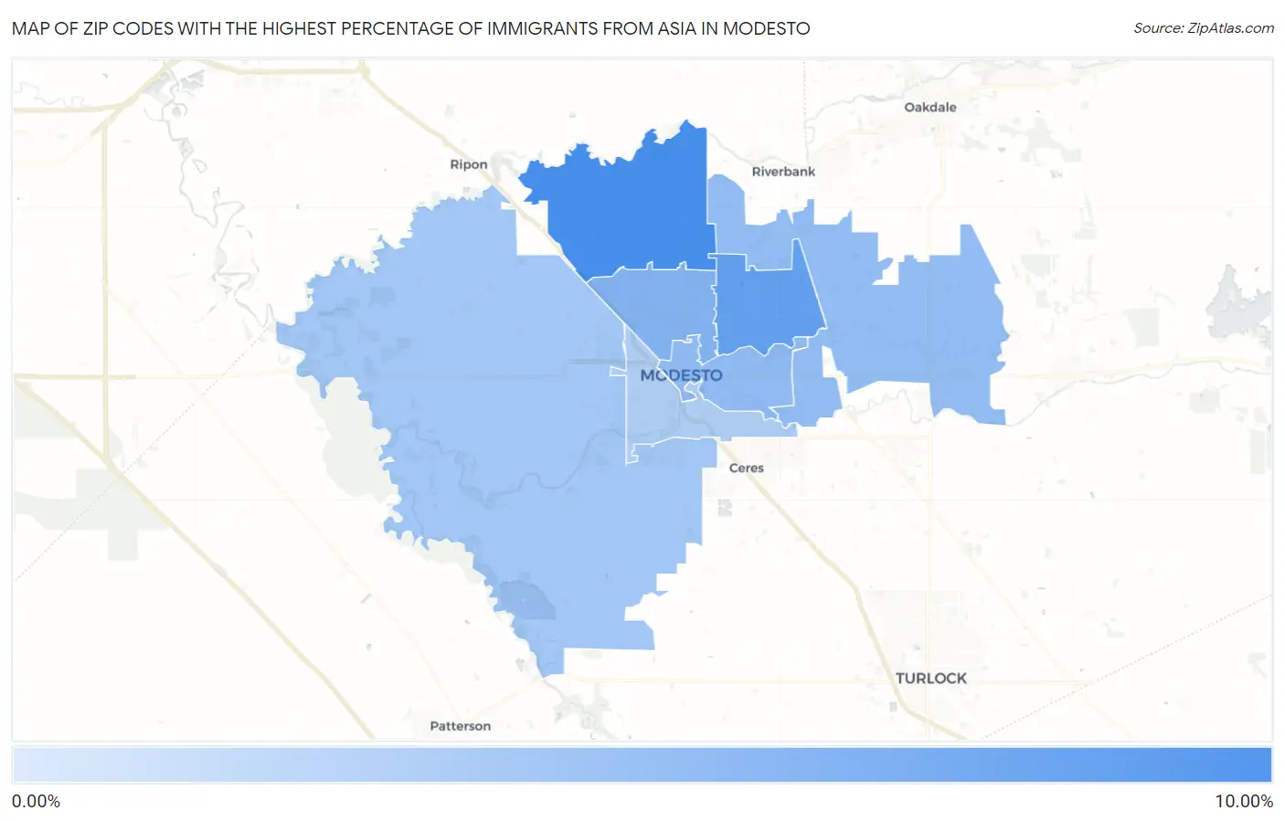 Zip Codes with the Highest Percentage of Immigrants from Asia in Modesto Map