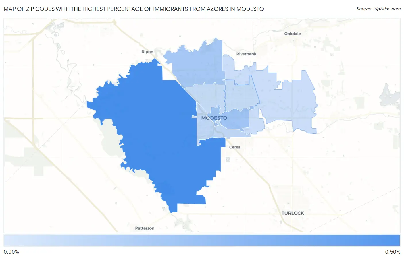 Zip Codes with the Highest Percentage of Immigrants from Azores in Modesto Map