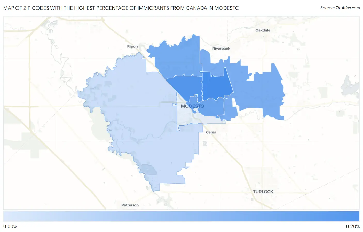 Zip Codes with the Highest Percentage of Immigrants from Canada in Modesto Map