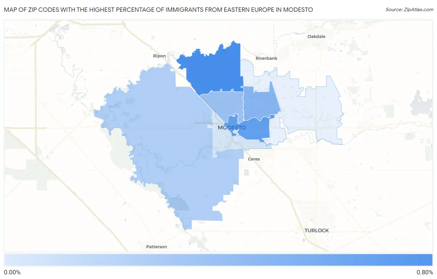 Zip Codes with the Highest Percentage of Immigrants from Eastern Europe in Modesto Map