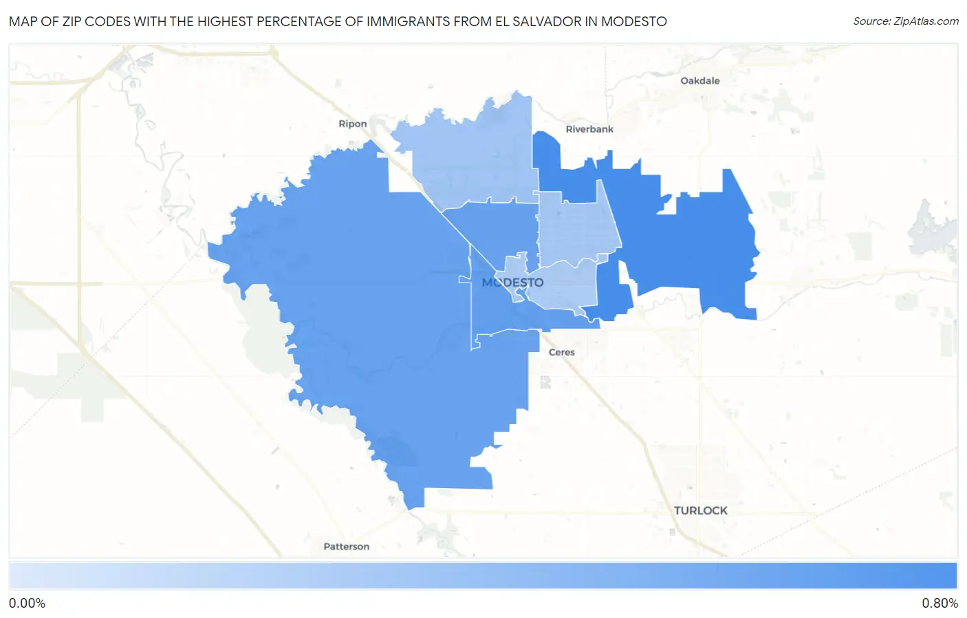 Zip Codes with the Highest Percentage of Immigrants from El Salvador in Modesto Map