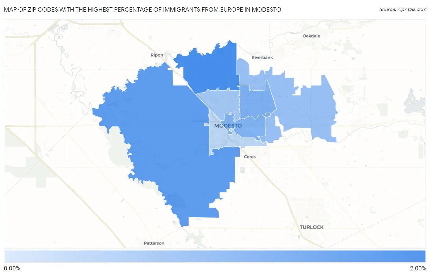 Zip Codes with the Highest Percentage of Immigrants from Europe in Modesto Map