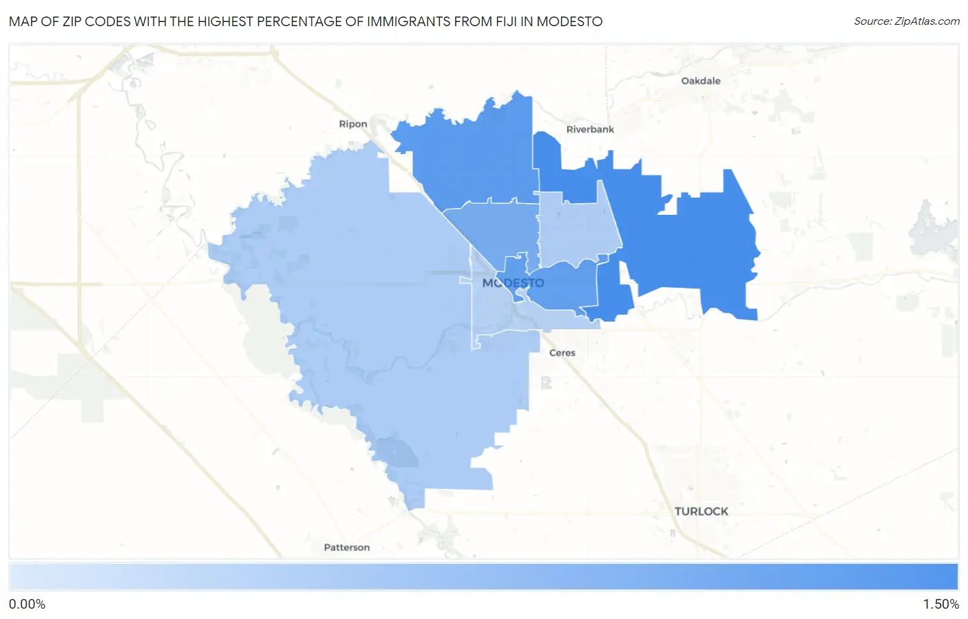Zip Codes with the Highest Percentage of Immigrants from Fiji in Modesto Map
