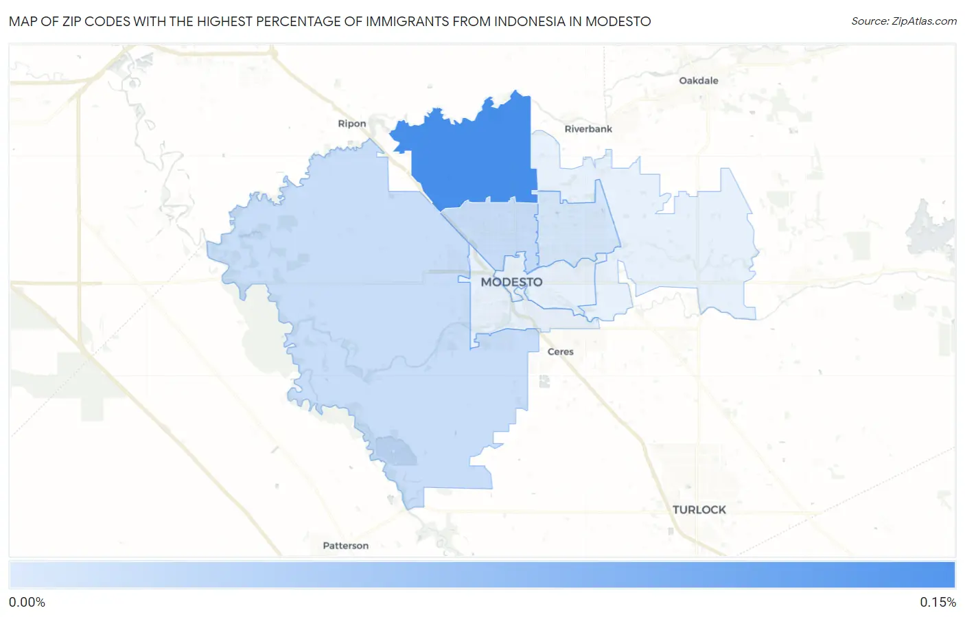 Zip Codes with the Highest Percentage of Immigrants from Indonesia in Modesto Map