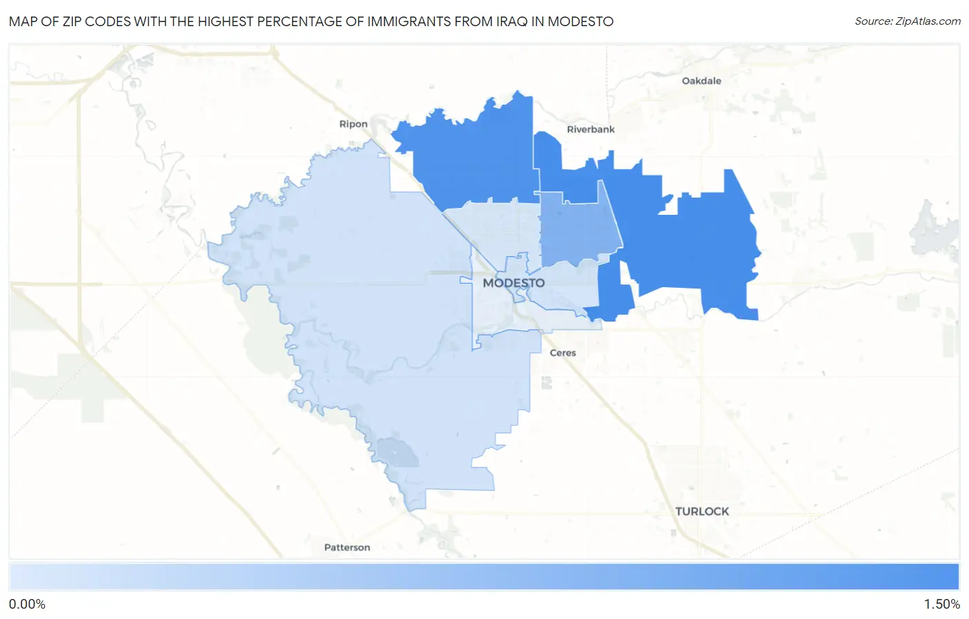 Zip Codes with the Highest Percentage of Immigrants from Iraq in Modesto Map