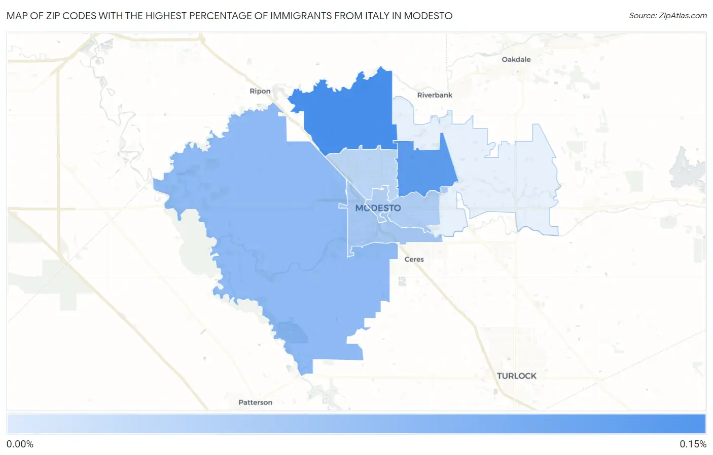 Zip Codes with the Highest Percentage of Immigrants from Italy in Modesto Map