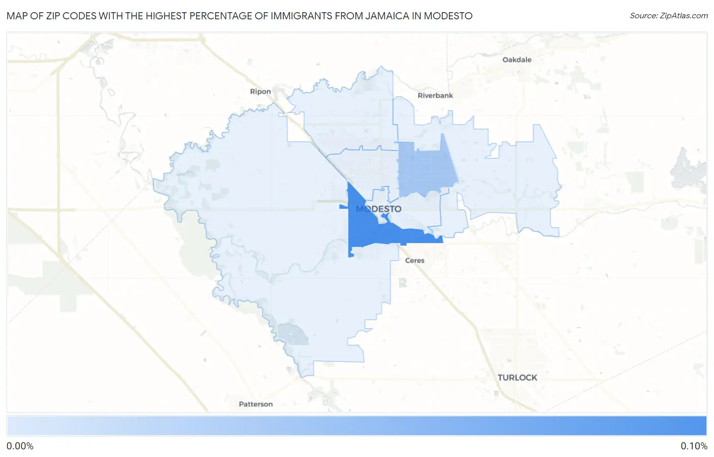 Zip Codes with the Highest Percentage of Immigrants from Jamaica in Modesto Map