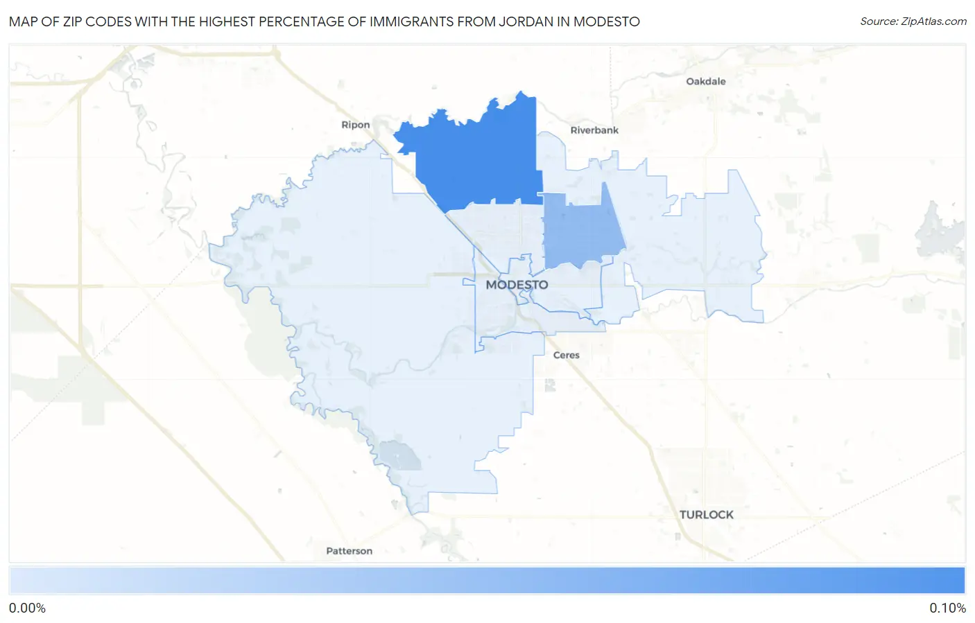 Zip Codes with the Highest Percentage of Immigrants from Jordan in Modesto Map