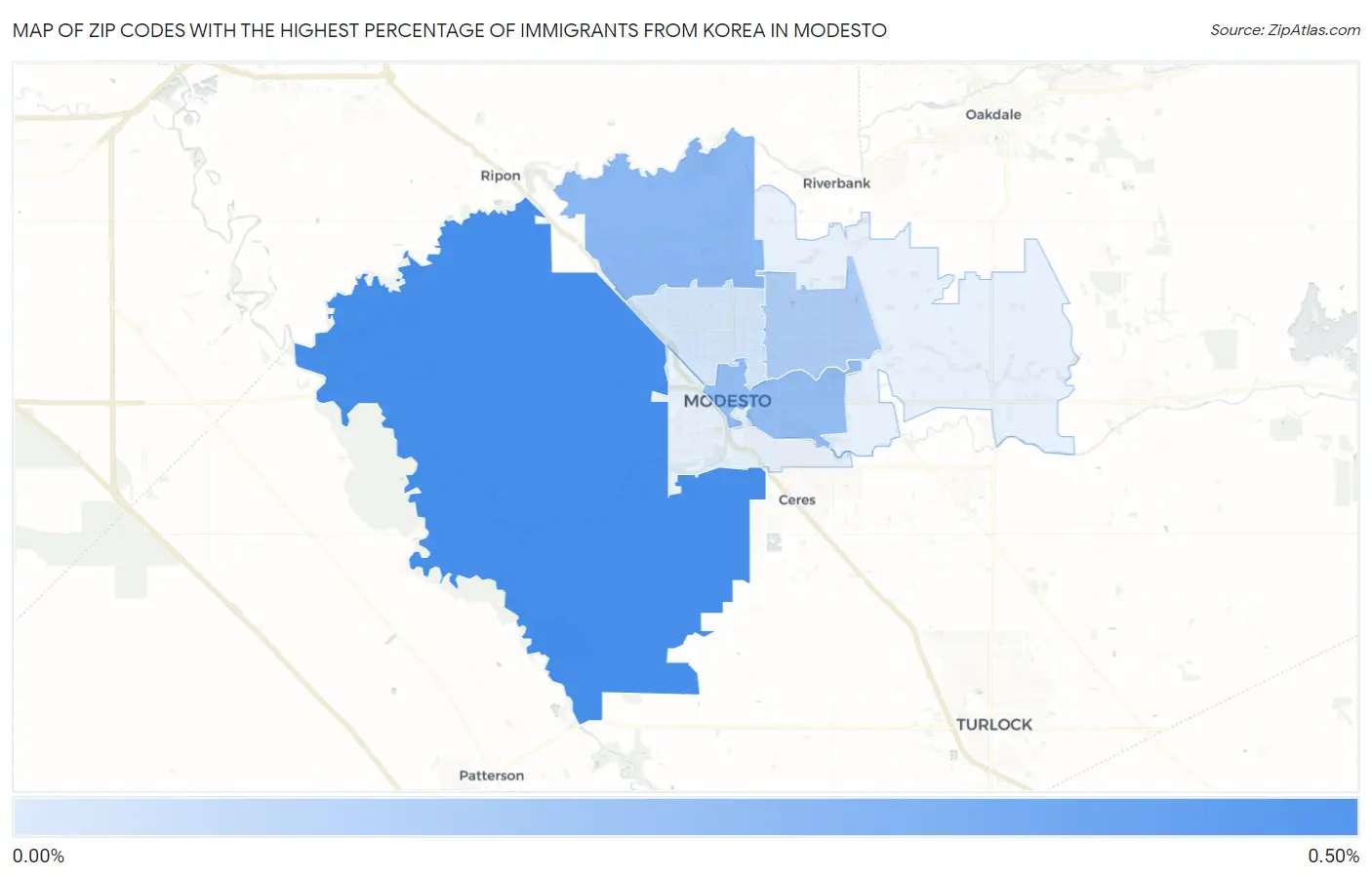 Zip Codes with the Highest Percentage of Immigrants from Korea in Modesto Map