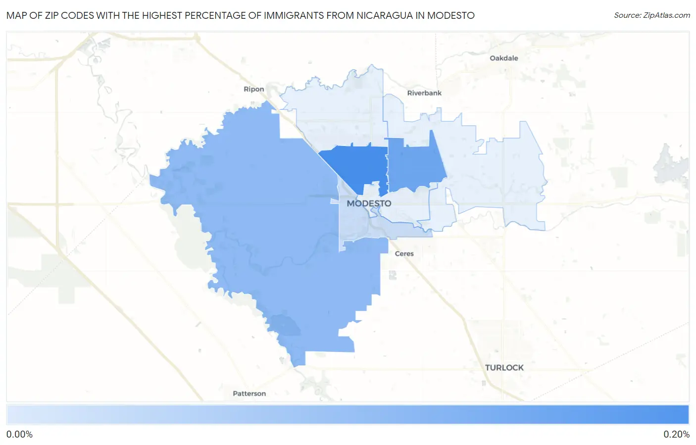 Zip Codes with the Highest Percentage of Immigrants from Nicaragua in Modesto Map