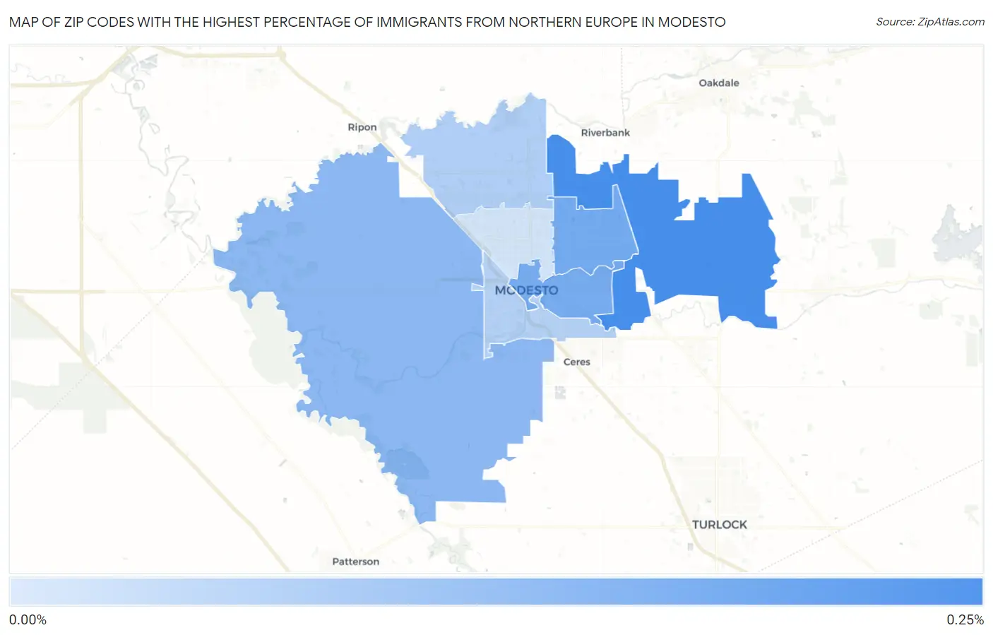 Zip Codes with the Highest Percentage of Immigrants from Northern Europe in Modesto Map