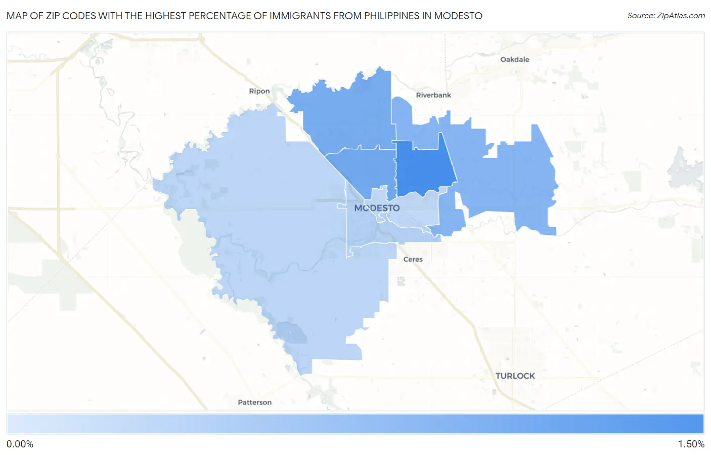 Zip Codes with the Highest Percentage of Immigrants from Philippines in Modesto Map