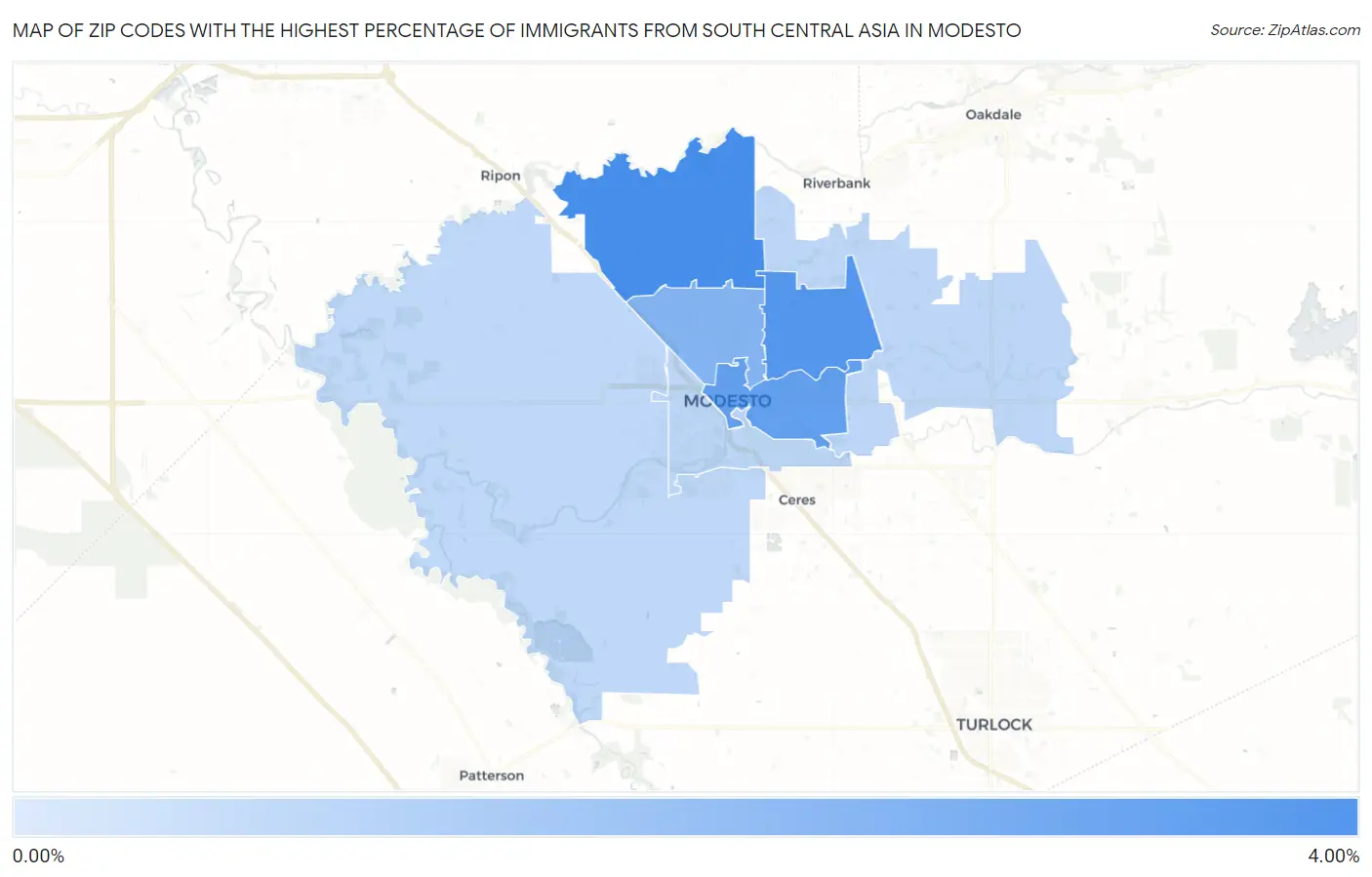 Zip Codes with the Highest Percentage of Immigrants from South Central Asia in Modesto Map