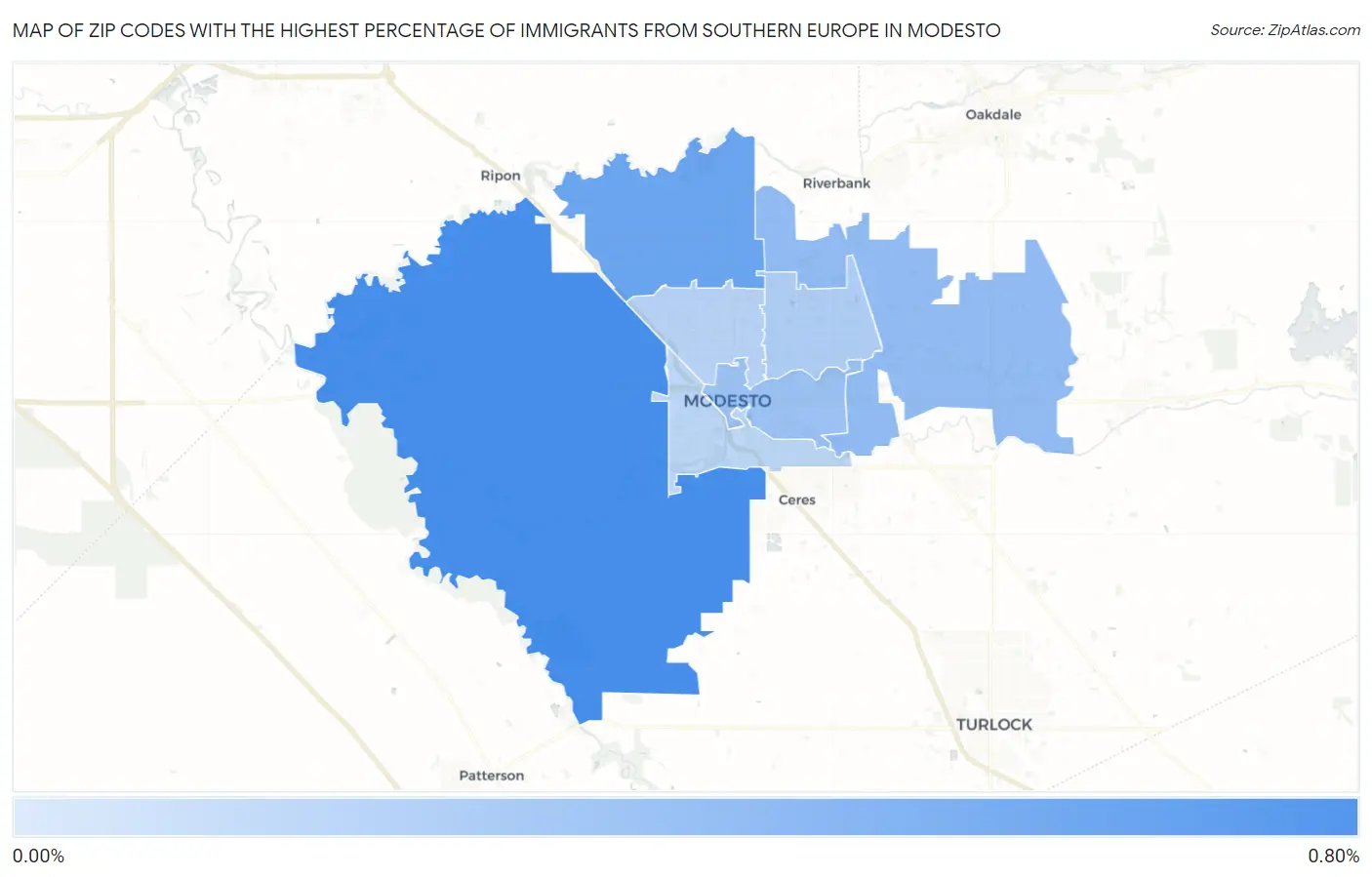 Zip Codes with the Highest Percentage of Immigrants from Southern Europe in Modesto Map