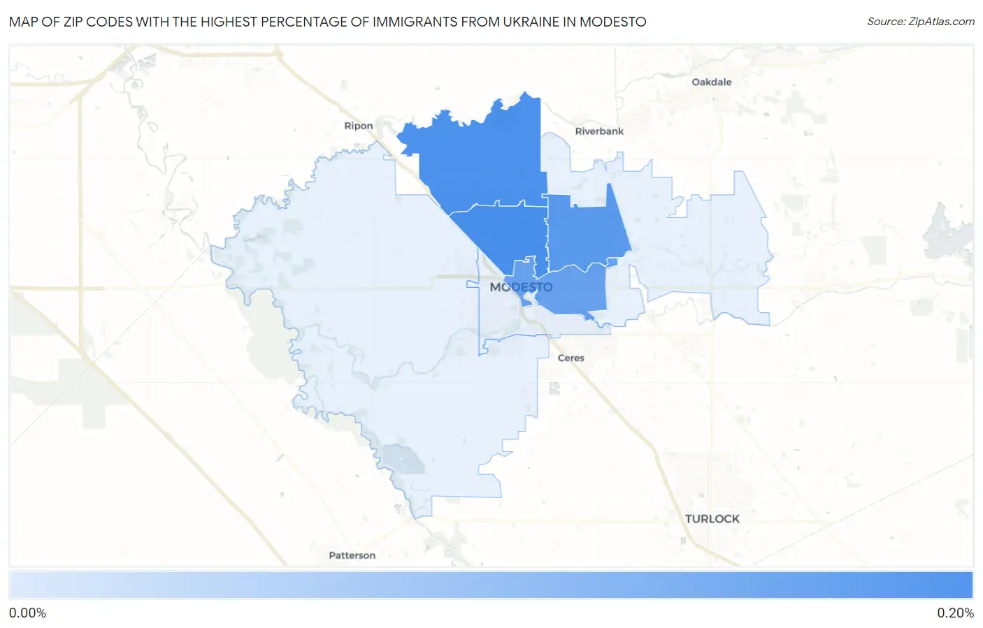 Zip Codes with the Highest Percentage of Immigrants from Ukraine in Modesto Map
