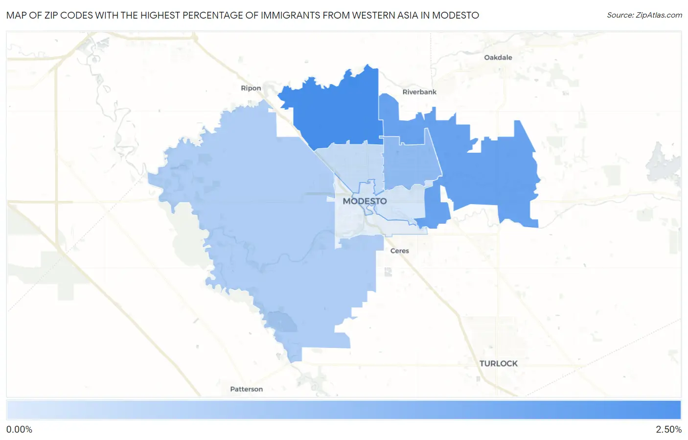 Zip Codes with the Highest Percentage of Immigrants from Western Asia in Modesto Map