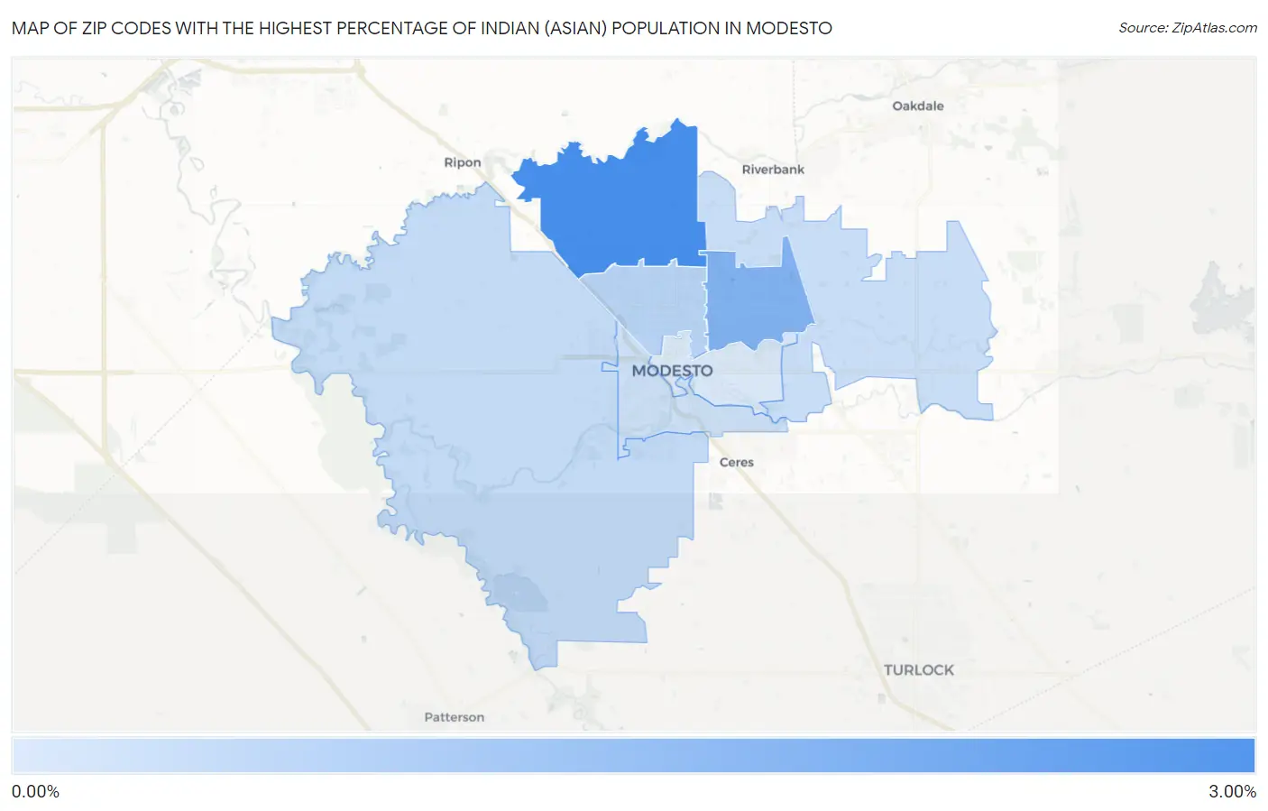 Zip Codes with the Highest Percentage of Indian (Asian) Population in Modesto Map