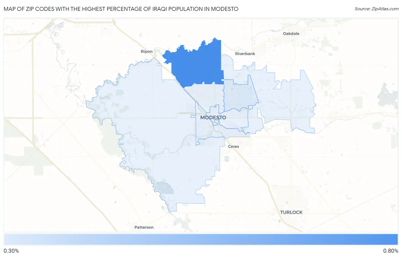 Zip Codes with the Highest Percentage of Iraqi Population in Modesto Map