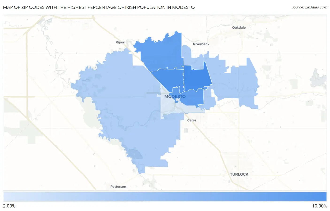 Zip Codes with the Highest Percentage of Irish Population in Modesto Map