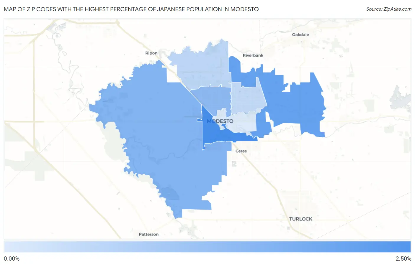 Zip Codes with the Highest Percentage of Japanese Population in Modesto Map