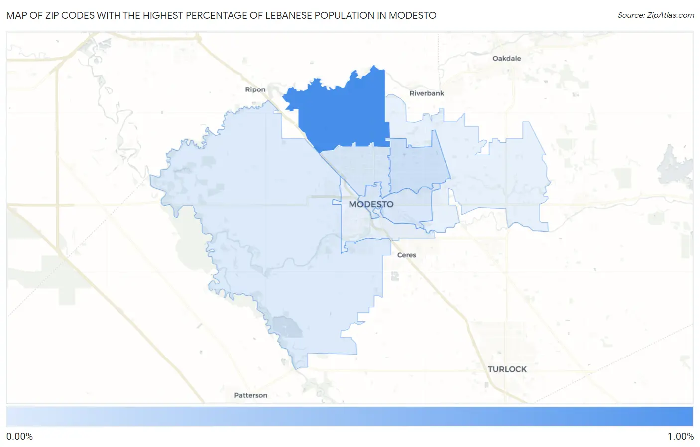 Zip Codes with the Highest Percentage of Lebanese Population in Modesto Map