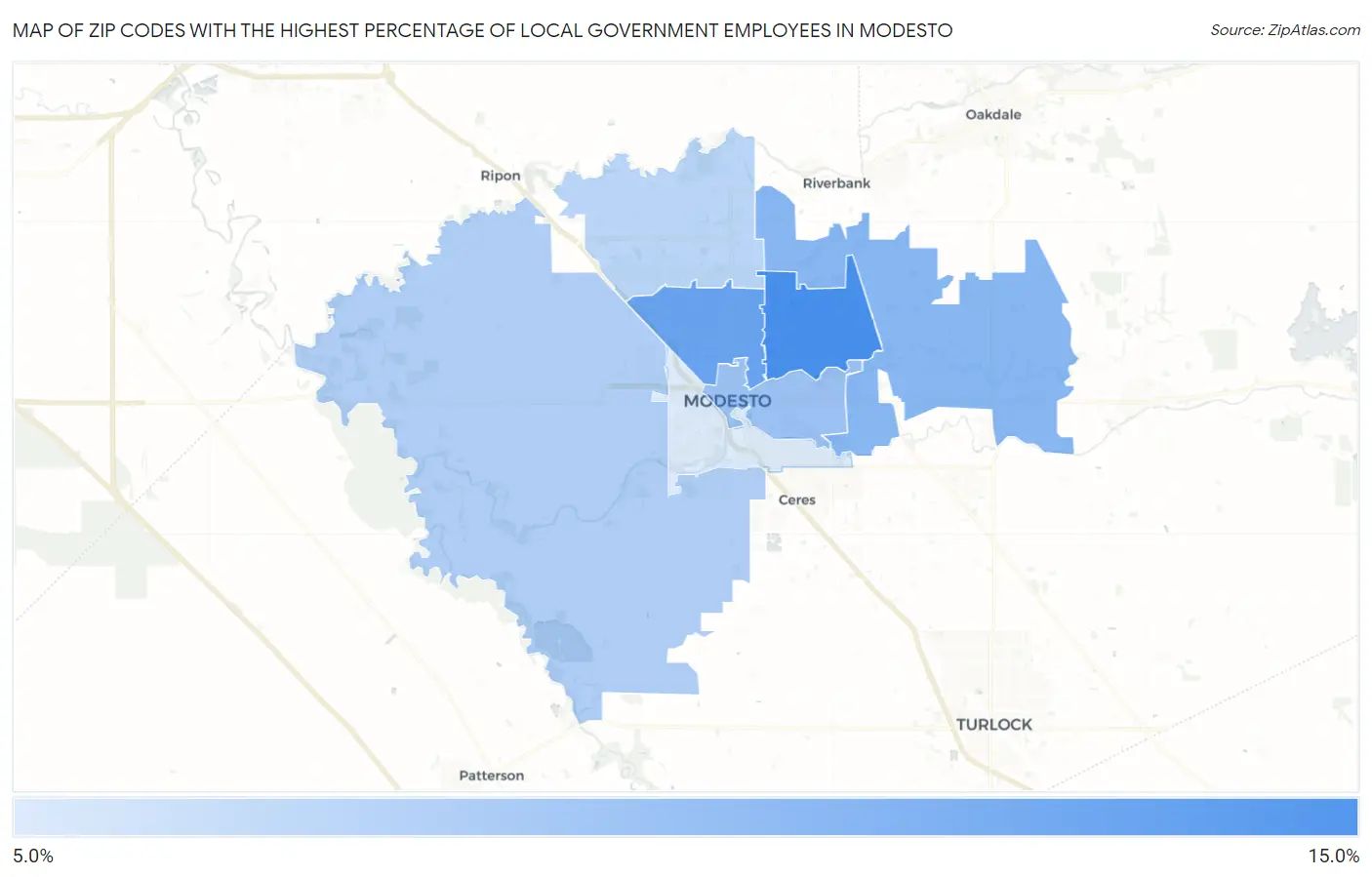 Zip Codes with the Highest Percentage of Local Government Employees in Modesto Map
