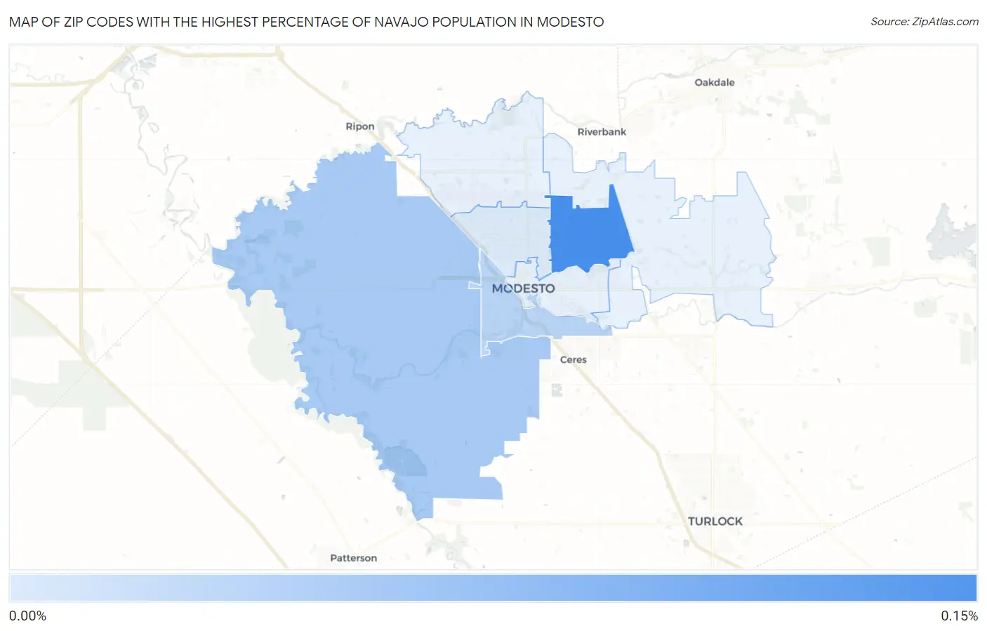 Zip Codes with the Highest Percentage of Navajo Population in Modesto Map