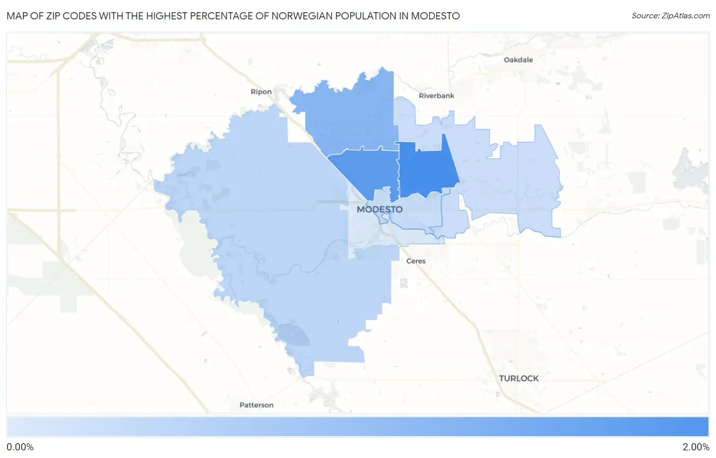 Zip Codes with the Highest Percentage of Norwegian Population in Modesto Map