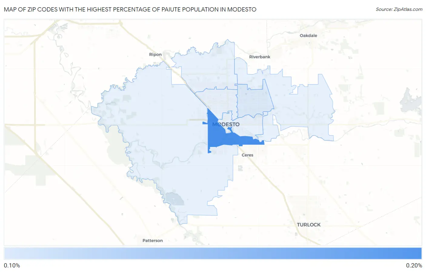 Zip Codes with the Highest Percentage of Paiute Population in Modesto Map