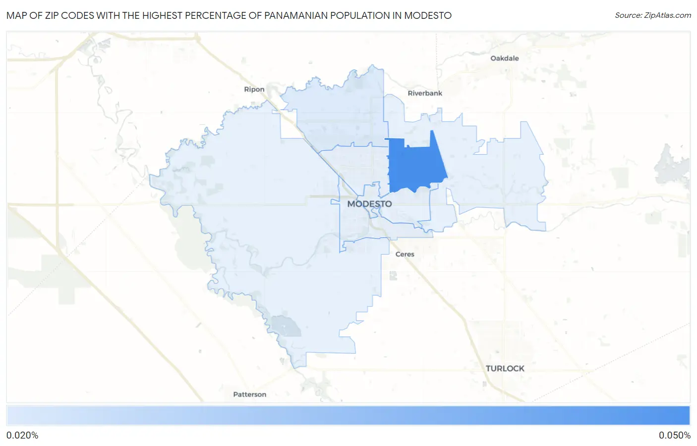 Zip Codes with the Highest Percentage of Panamanian Population in Modesto Map