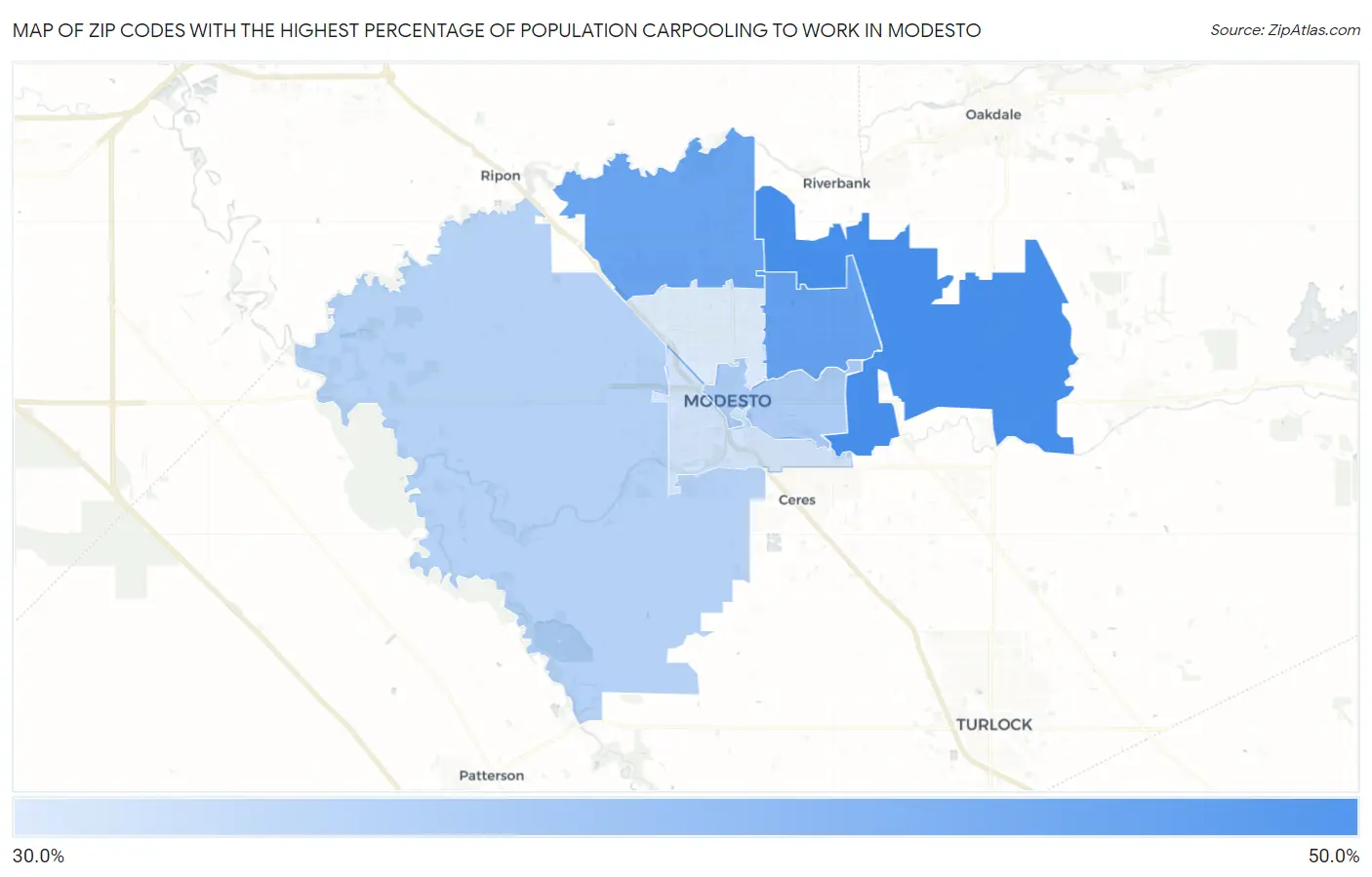 Zip Codes with the Highest Percentage of Population Carpooling to Work in Modesto Map