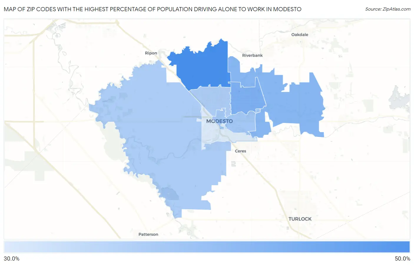 Zip Codes with the Highest Percentage of Population Driving Alone to Work in Modesto Map