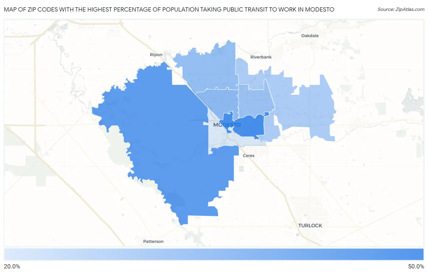 Zip Codes with the Highest Percentage of Population Taking Public Transit to Work in Modesto Map