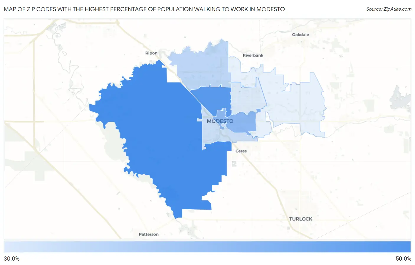 Zip Codes with the Highest Percentage of Population Walking to Work in Modesto Map