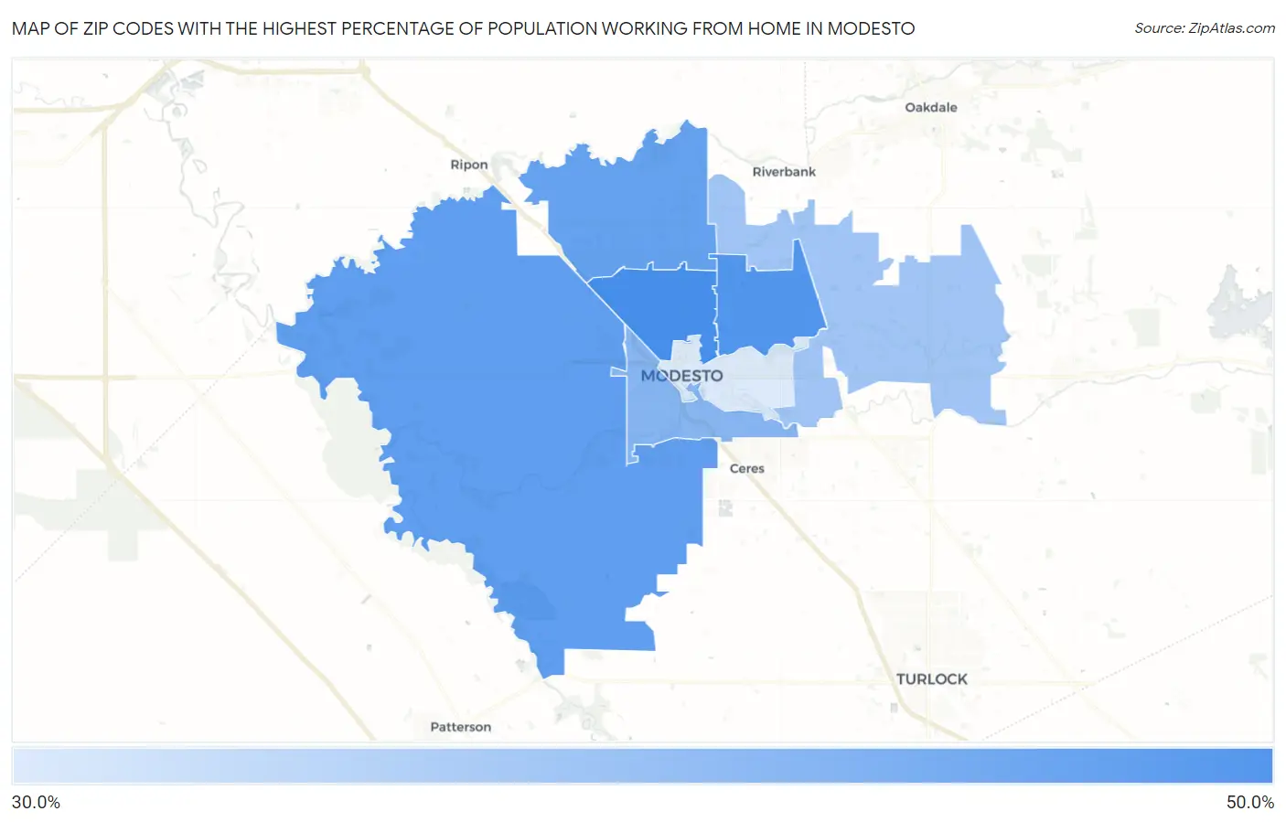 Zip Codes with the Highest Percentage of Population Working from Home in Modesto Map