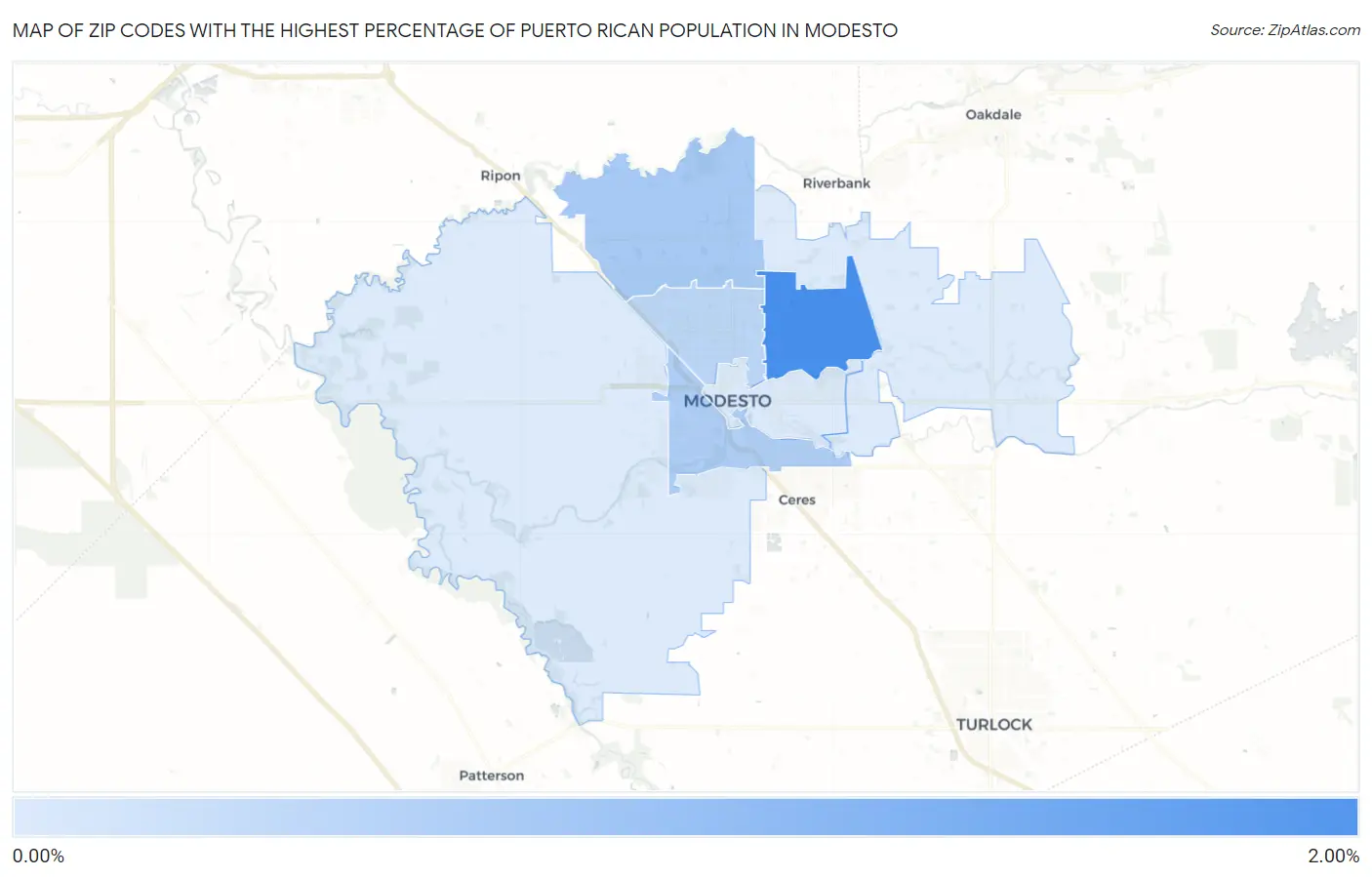 Zip Codes with the Highest Percentage of Puerto Rican Population in Modesto Map