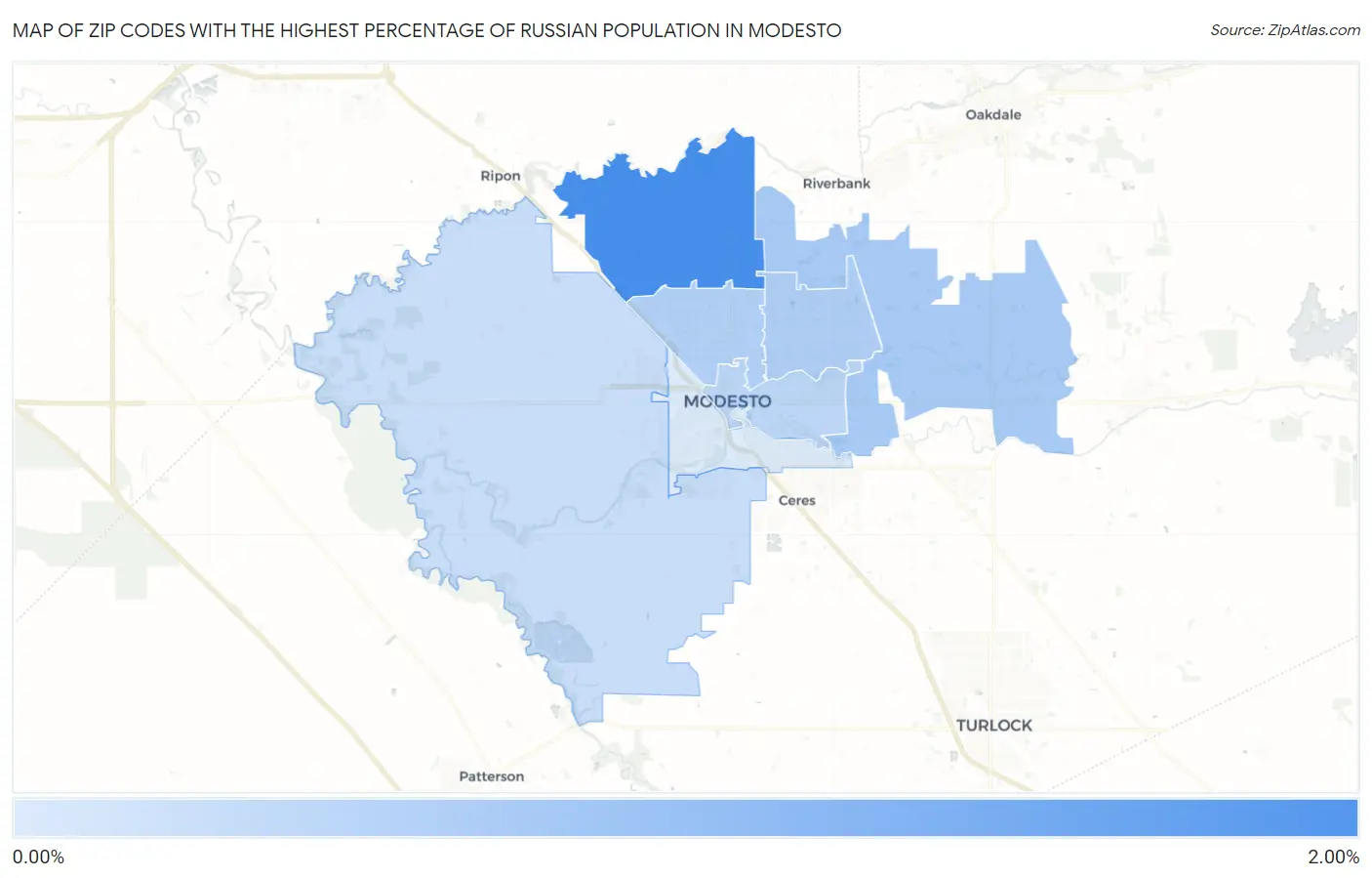 Zip Codes with the Highest Percentage of Russian Population in Modesto Map