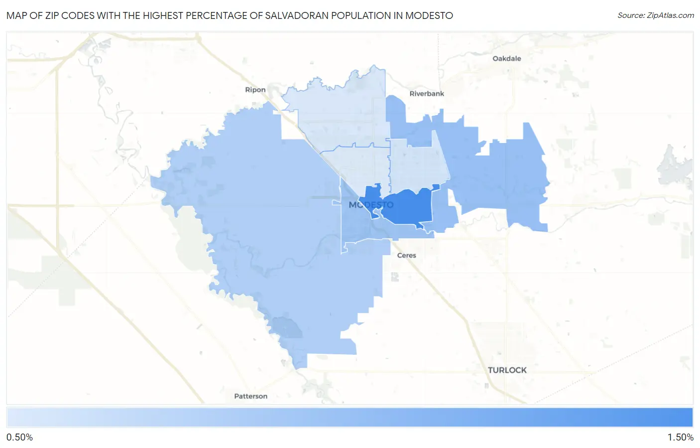 Zip Codes with the Highest Percentage of Salvadoran Population in Modesto Map