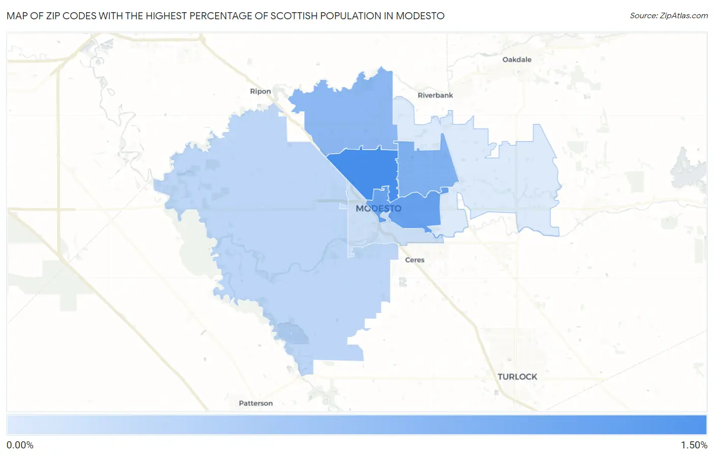 Zip Codes with the Highest Percentage of Scottish Population in Modesto Map
