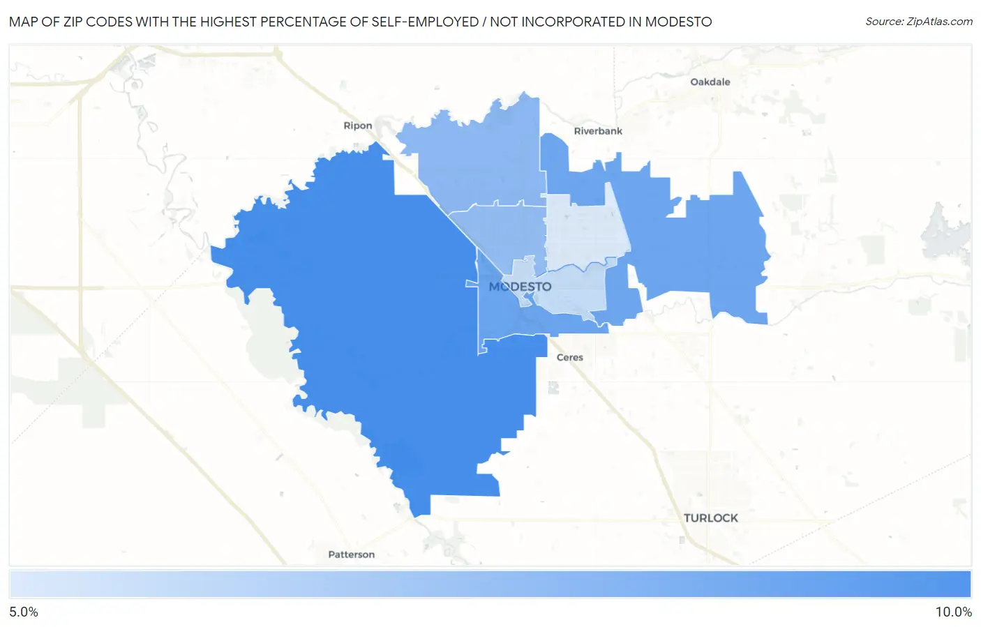 Zip Codes with the Highest Percentage of Self-Employed / Not Incorporated in Modesto Map