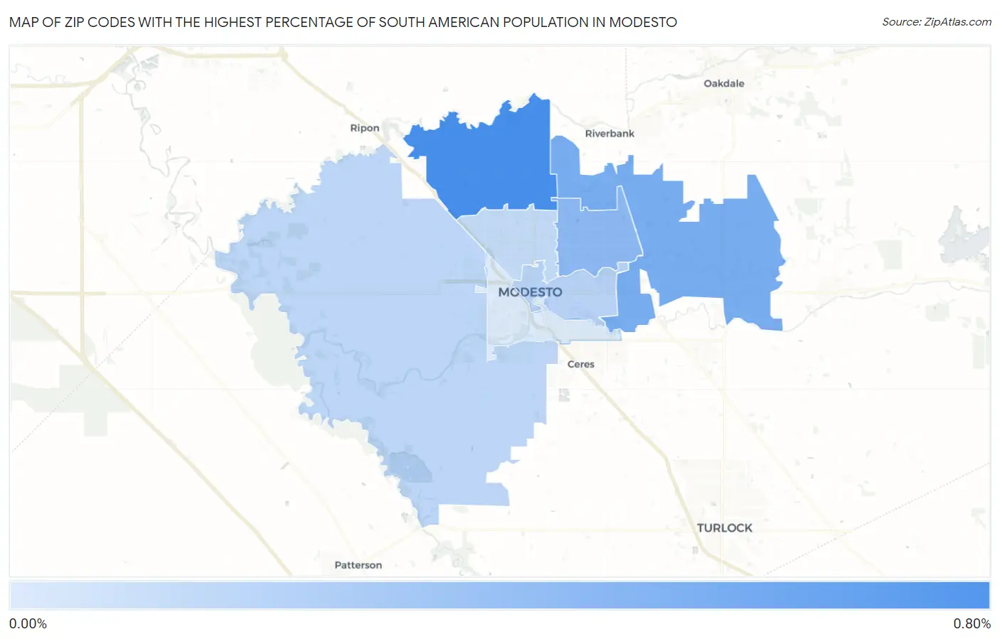 Zip Codes with the Highest Percentage of South American Population in Modesto Map